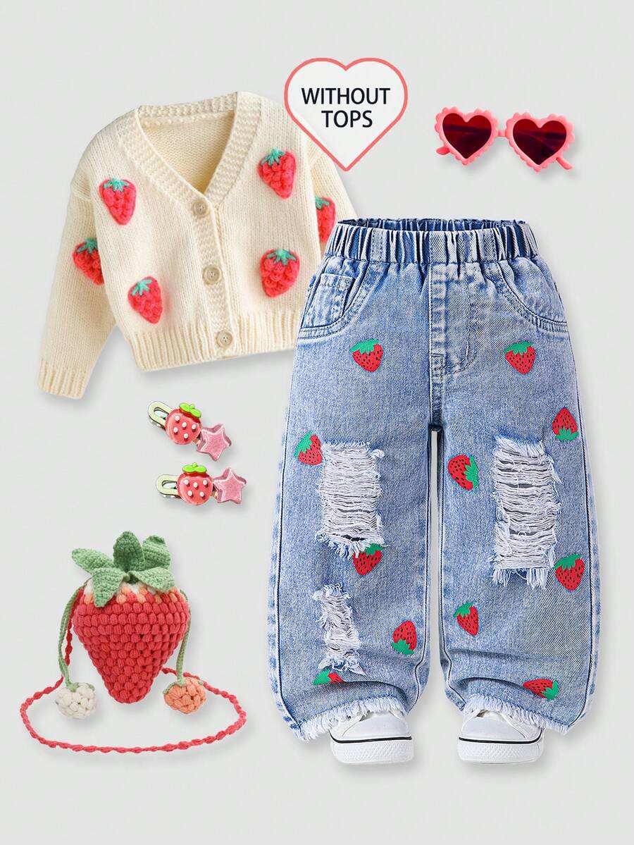 1pc Baby Girls' Light Washed Blue Strawberry Print Wide Leg Jeans, Comfortable & Sweet Casual Vacation School Style Recommended! Soft Light Washed Blue Denim Fabric, Rugged Frayed Hem Contrasts With Delicate Strawberry Print, Unique And Fashionable - Light Wash - View 1