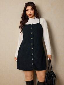 Elaquor Plus Size Women 2pcs Set: Solid Color Frill Collar Long Sleeve Top And Single-Breasted Strap Dress - Black and White - View 6