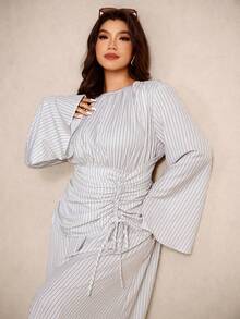 Elaquor Plus Size Round Neck Raglan Sleeve Ruched Striped Dress - Apricot - View 7