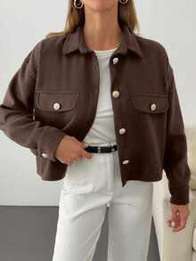 EURMUSE Solid Color, Gold Button Details, Coat - Brown - View 3