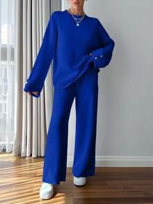 EURMUSE Women Button Detailed Sweater And Pant Set - Royal Blue - View 4