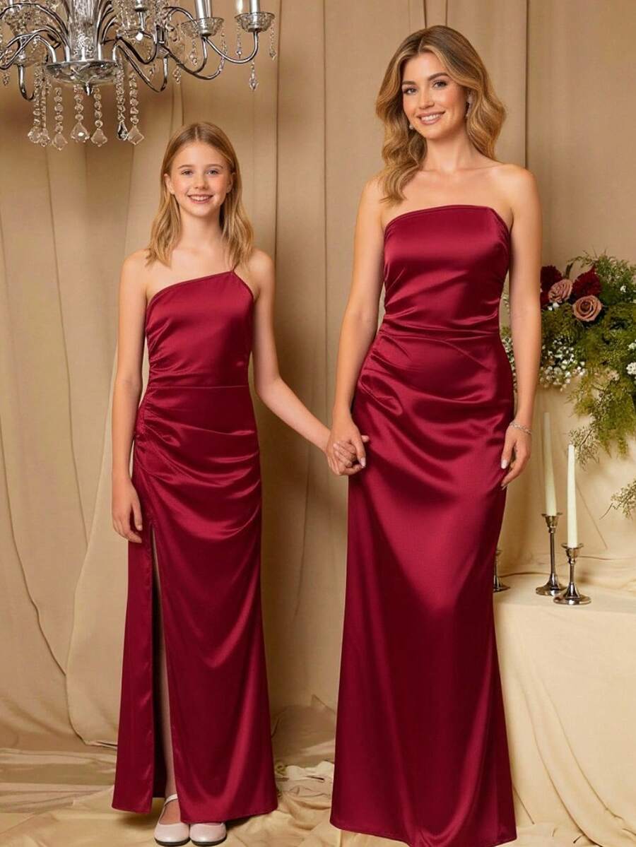 Tween Girls' Elegant Ball Party Formal Satin Slit Fitted Dress - Burgundy - View 1