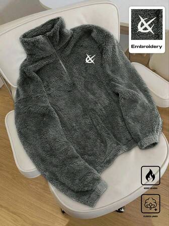 Manfinity Hypemode 1pc Men's Pullover Quarter Zip Sweatshirt, Dark Gray Fleece Lining, Embroidered Design, Bold Personalized, Versatile For Indoor & Outdoor Wear, Casual, Sports, Commute, Back To School, Vacation, Ideal Gift For Boyfriend/Husband, Couple Matching, Long Sleeve Top