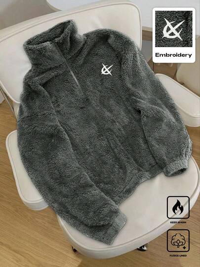 Claim Dot 1pc Men's Pullover Quarter Zip Sweatshirt, Dark Gray Thermal Lined, Embroidered Design, Bold Personalized, Versatile For Indoor & Outdoor Wear, Casual, Sports, Commute, Back To School, Vacation, Ideal Gift For Boyfriend/Husband, Couple Matching, Long Sleeve Top