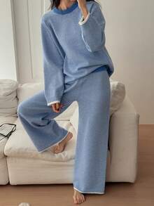 DAZY 女士宽松条纹提花针织家居服套装，冬季 - 藍色 - 查看 8