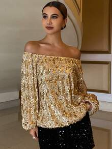 Livesso 女士长袖衬衫 女士亮片露肩上衣 新年女士嘉年华上衣 - 金色 - 查看 4
