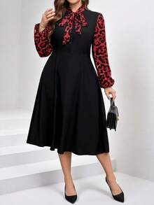 SHEIN Clasi Plus Size Black & Leopard Print Patchwork Dress, Elegant For Everyday Wear, Autumn/Winter - Red - View 3