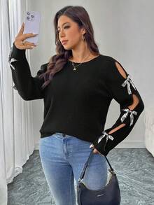 SHEIN LUNE Plus Size Hollow Out Casual Knit Sweater With Playful Sequin Bow Decor Bow Top Women Black Sweater Winter Party Graduation Elegant Sequin Elegant Graduation Christmas New Year Winte Shiny - Black - View 9