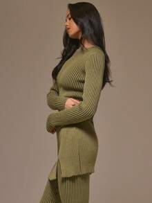 MUSERA Two Tone Knit Fitted Long Sleeve Top Cool Girl, Streetstyle, Cute, , , Winter - Army Green - View 3