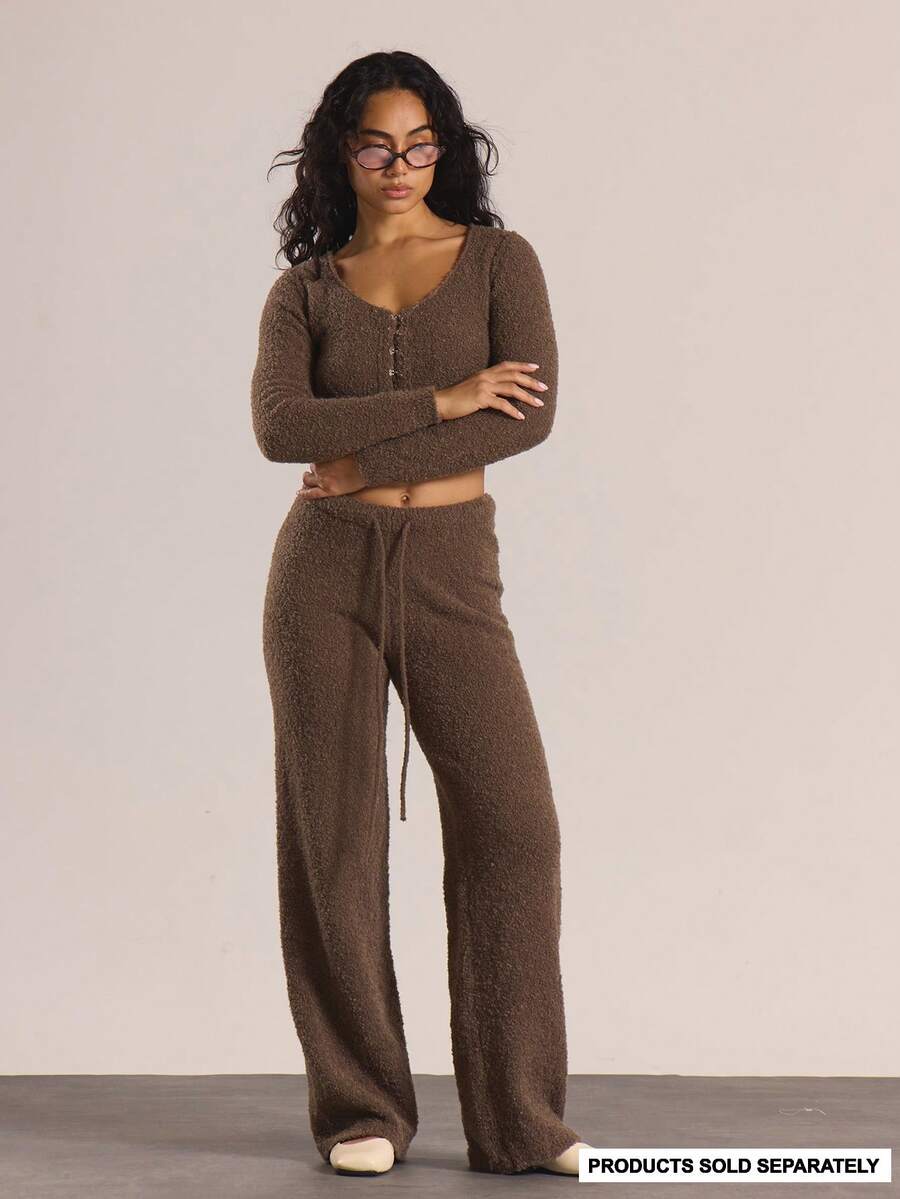 MUSERA Drawstring Wide Leg Loose Fit Knit Trousers Only Co-Ord Autumn Winter Knitwear Casual Going Out Everyday Night Out Cute Cosy Tusk New Year - Mocha Brown - View 1