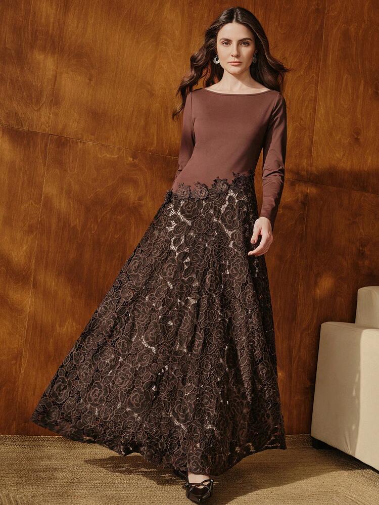 Women's Off-Shoulder Long Sleeve Hollow Embroidered Fitted Flared Dress