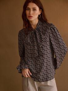 MOTF PREMIUM Blusa elegante da donna a maniche lunghe con stampa geometrica e collo a cravatta, versatile