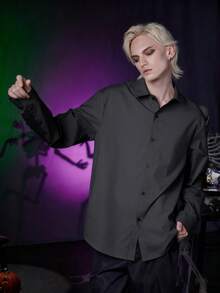 ROMWE MEN Goth Camisa casual de manga larga, de un solo pecho y de unicolor para hombres - Gris - Ver 3