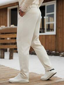 Manfinity CasualCool Men's Mature Casual Solid Color Tapered Formal Pants, Overall In Classic Beige Color, Fashionable And Versatile, Showcasing A Steady And Dignified Business Demeanor. Suitable For Daily Commute, Business, Parties And Banquets. This Pant Is An Indispensable Versatile Item In A Man's Wardrobe, And An Excellent Gift For Boyfriends Or Husbands. Beige Pants For Men Cream Joggers Men White Dress Pants Men Beach Clothes For Men White Cream Cream Pants Men - Apricot - View 2