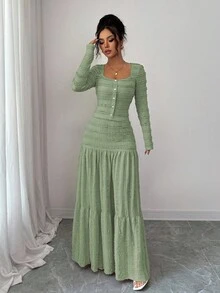 Selianne Bộ 2 món áo sơ mi cổ vuông tay dài cài nút và chân váy chữ A dài chấm đất họa tiết màu hồng phong cách nghỉ dưỡng giản dị cho nữ, mùa thu - màu xanh lá - Xem 3