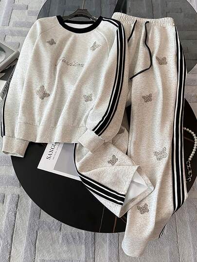 Resyla 2 pezzi Set sportivo casual da donna con stampa digitale a farfalla e righe, adatto come regalo per amici, autunno/inverno