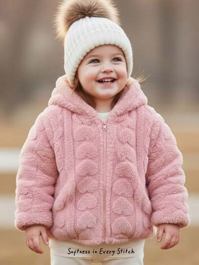 Cozy Pixies Chaqueta con capucha de felpa coral gruesa para bebé niña con diseño de orejas 3D y estampado de corazón