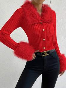 SHEIN Foxxy Fashionable Fuzzy Patchwork Slim Fit Cardigan, Autumn/Winter - Red - View 4