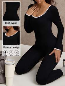 SHEIN Dewbera 露背撞色U领罗纹运动连体裤 - 黑色 - 查看 1