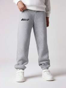 SHEIN 青少年男童宽松休闲中腰保暖几何印花长裤，适合圣诞节、感恩节和冬季穿着