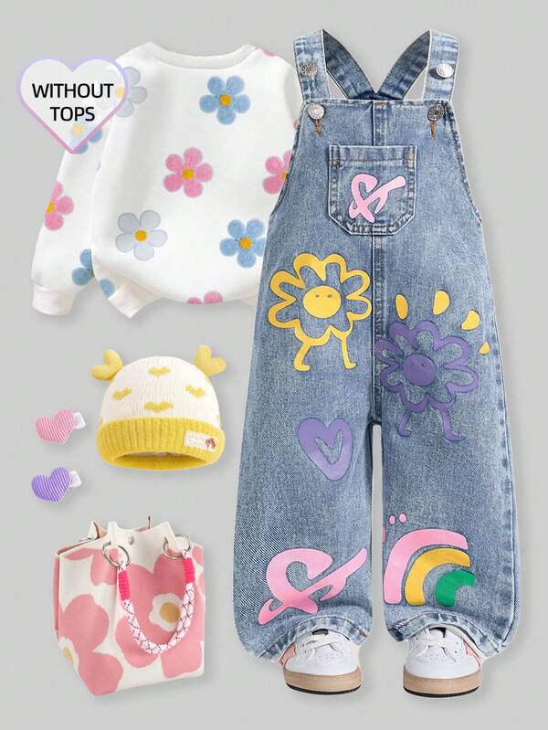 SHEIN Playful Pals Washed Denim Baby Girl Romper With Floral Print, Loose Bib Pants,Holiday,Summer,Travel