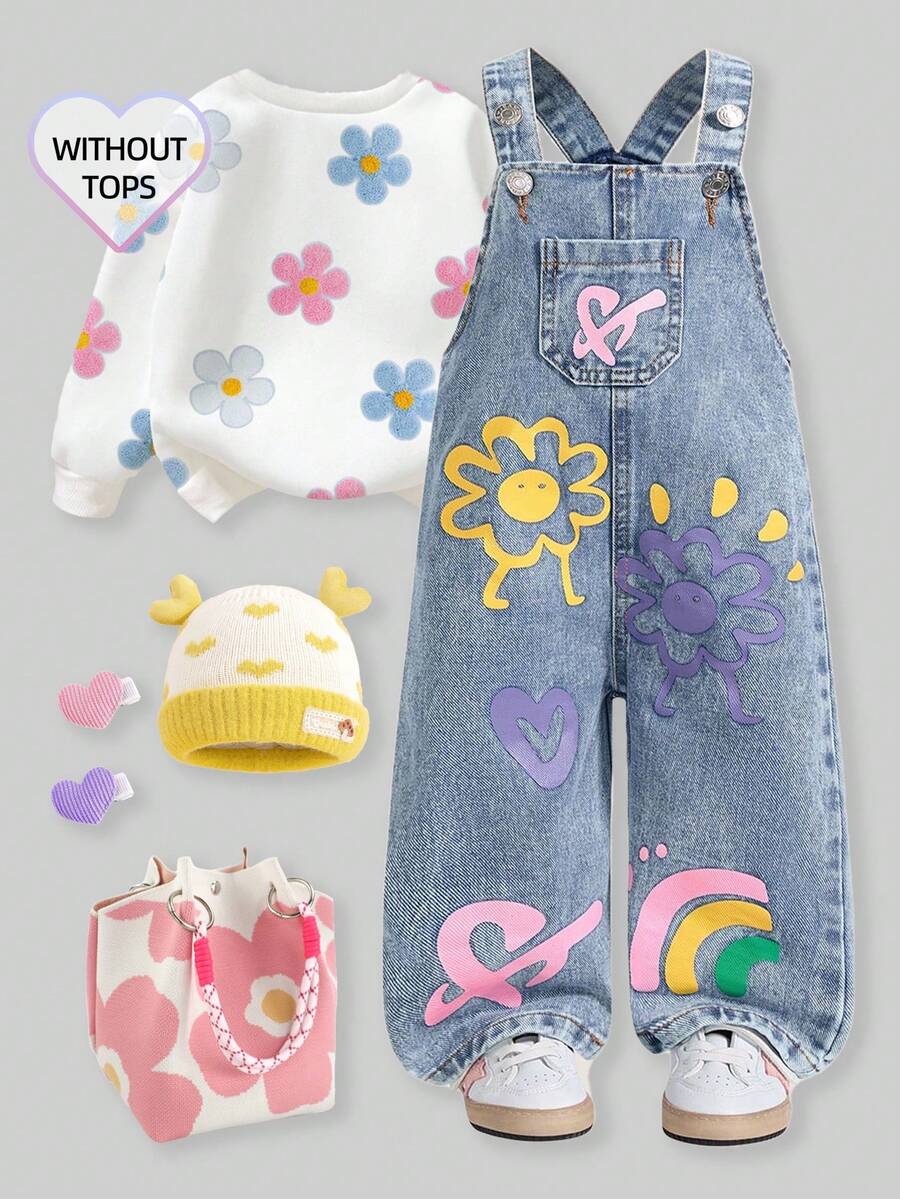 SHEIN Playful Pals 带花卉印花的洗水牛仔女婴连体衣、宽松背带裤 - 淺色水洗藍 - 查看 1