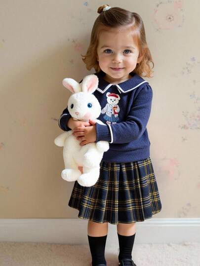 Souflis Souflis 2-Piece Set: Navy Long Sleeve Top With Cute Bear Print Collar & Plaid Skirt, Preppy Style Outfit For Girls, Autumn/Winter 2025 Baby Girl School Uniform Baby Set Autumn Winter Season Baby Skirt Set 3t Girls School Sets School Baby Outfits