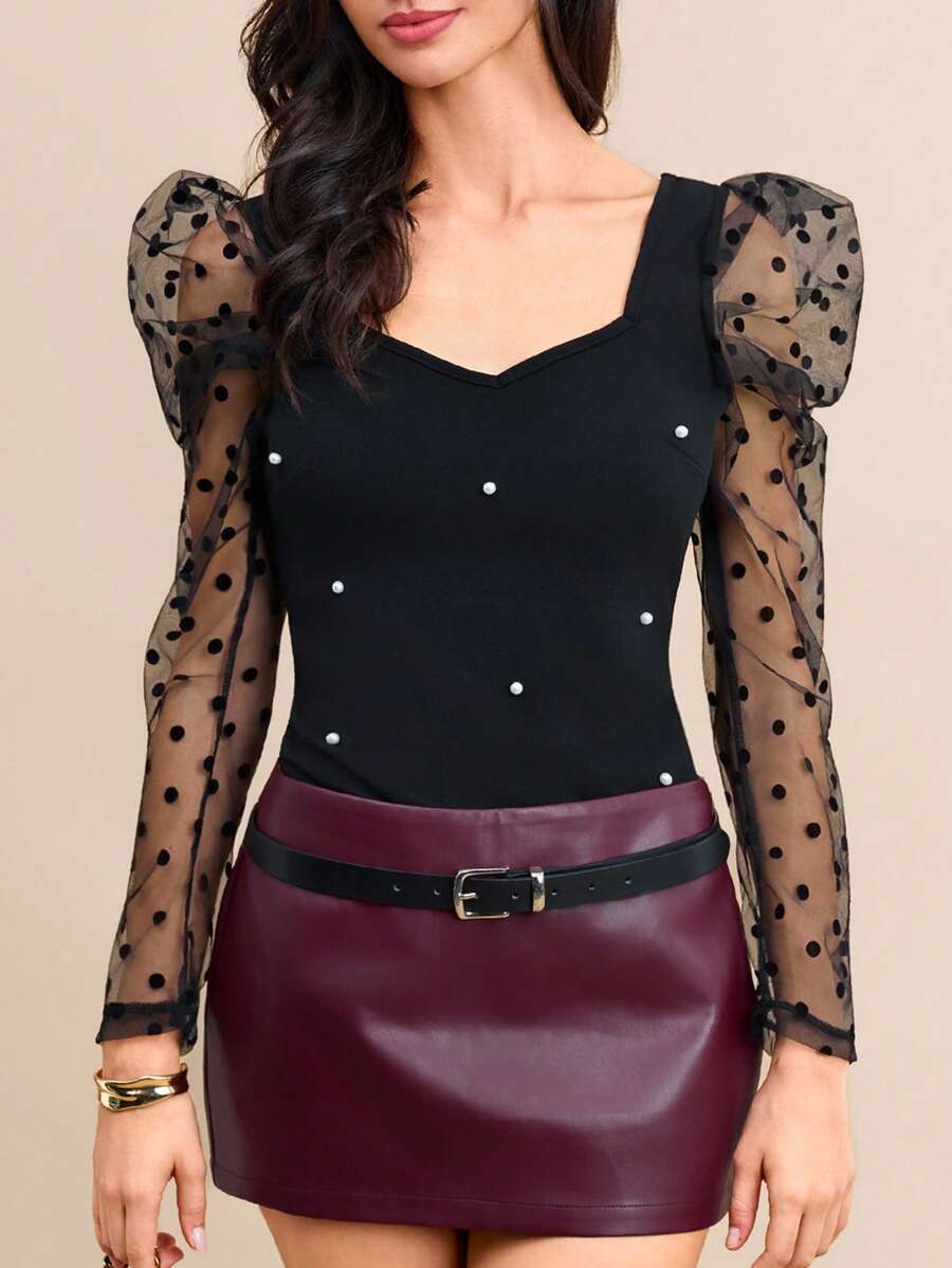SHEIN Clasi Pearls Beaded Dobby Mesh Panel Gigot Sleeve Top
