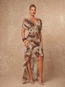 Lumalex VITNOS Women's Grey And Pink Mixed Animal-Print Chiffon Deep V-Neck Puff-Sleeve High-Low Ruffled-Hem Summer Boho Vacation Elegant Luxury Maxi Dress - Multicolor - View 7