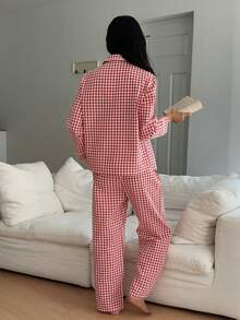 DAZY 2pcs Plaid Cartoon Embroidered Long Sleeve Top And Pants Pajama Set, Fall & Winter Clothes - Red and White - View 2