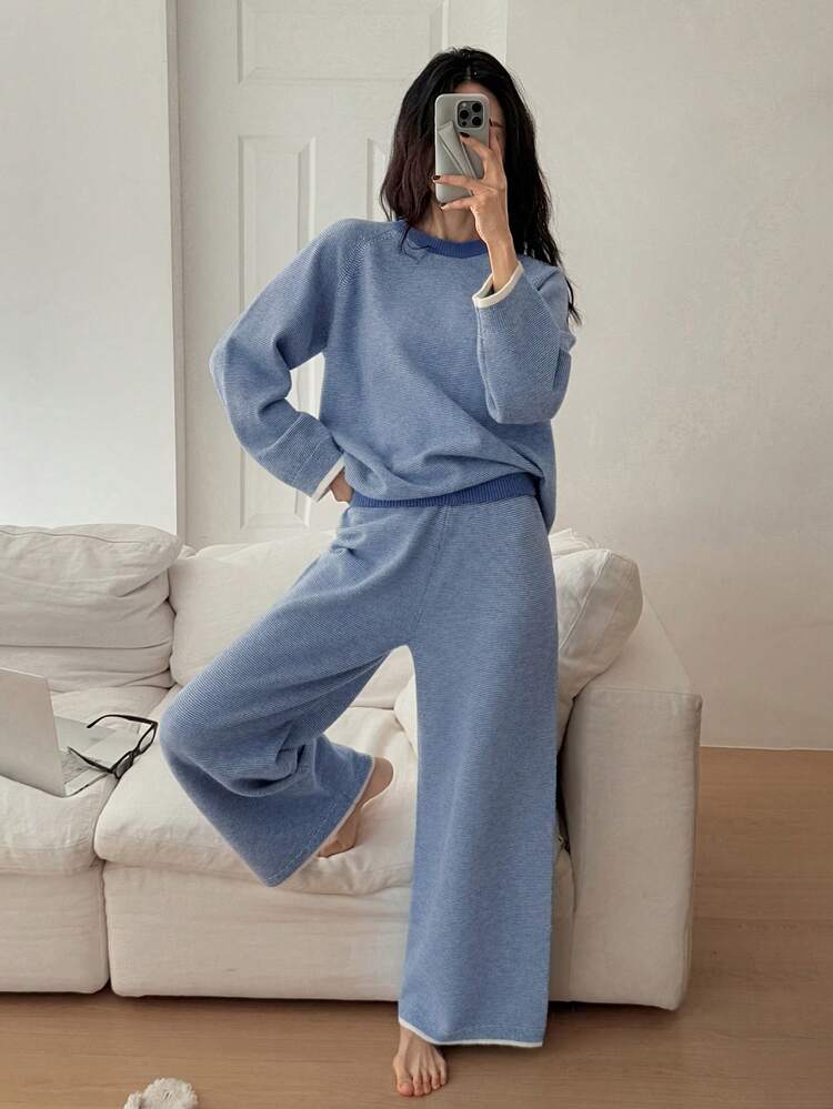 Women's Loose Striped Jacquard Knit Loungewear Set, Winter