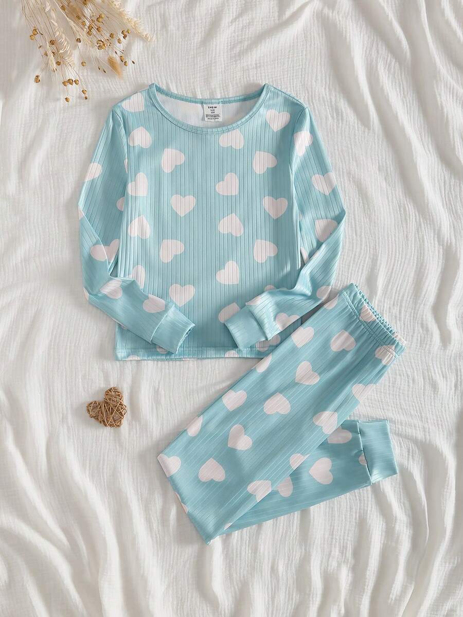Girls' Snug Fit Pajama Set, Girls Big Kids Loungewear 2-Piece Set - Mint Green Heart Print Pajamas Ribbed Knit Long Sleeve Top Pants Combo Cute White Heart All-Over Print Design Round Neck Comfortable Fit Soft Knit Fabric Social Media Style Sweet Healing Spring Summer Autumn Holiday Essential Girls Home Set Two Piece Sleep Set Kids Pajama Set - Blue and White - View 1