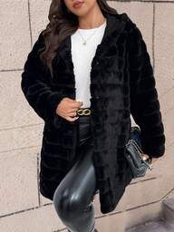 SHEIN Clasi Giacca con cappuccio in pelliccia sintetica di lusso casual per donne taglie forti