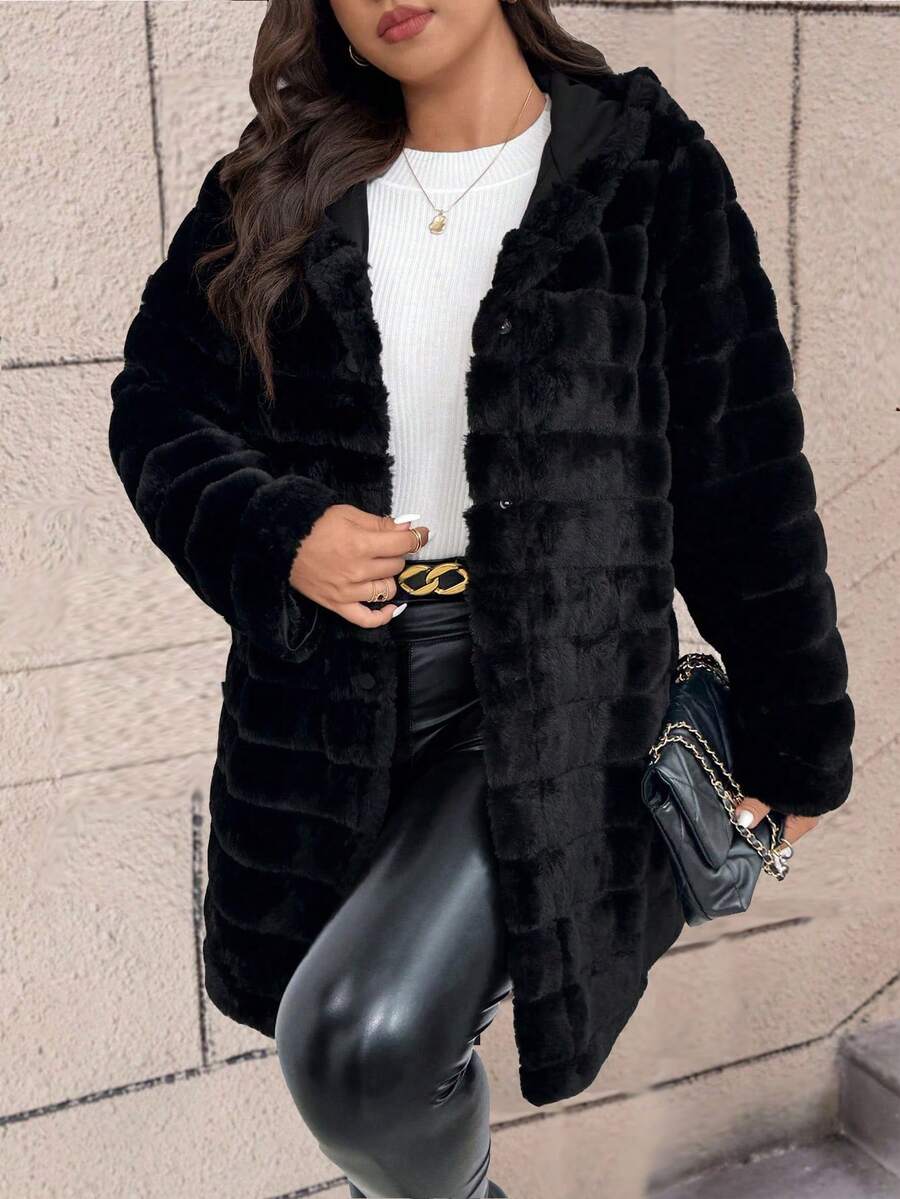 SHEIN Clasi 大码女式奢华休闲仿皮草连帽夹克 - 黑色 - 查看 1