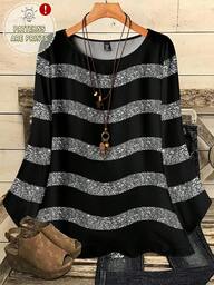 EMERY ROSE Camisa holgada de manga 3/4 con cuello redondo y estampado todo sobre en talla grande para mujer, Parte superior casual a rayas en blanco y negro para mujer de otoño/invierno, Parte superior casual a rayas en talla grande para mujer