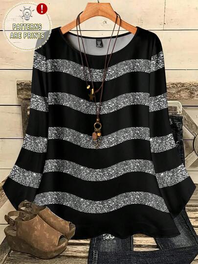 EMERY ROSE Women's Casual Striped Round Neck Blouse, Suitable For Autumn/Winter