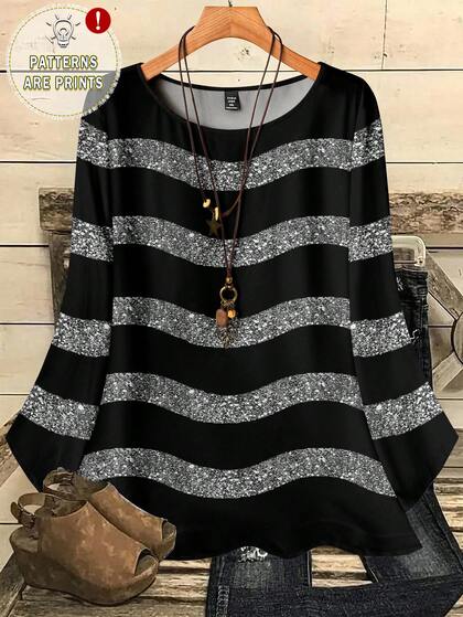EMERY ROSE Women's Casual Striped Round Neck Blouse, Suitable For Autumn/Winter Spring,Casual