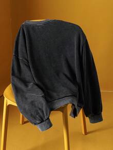 TOM & JERRY X SHEIN Hanorac cu guler rotund, spălat, cu imprimeu de șoarece și litere, mărime plus, toamnă