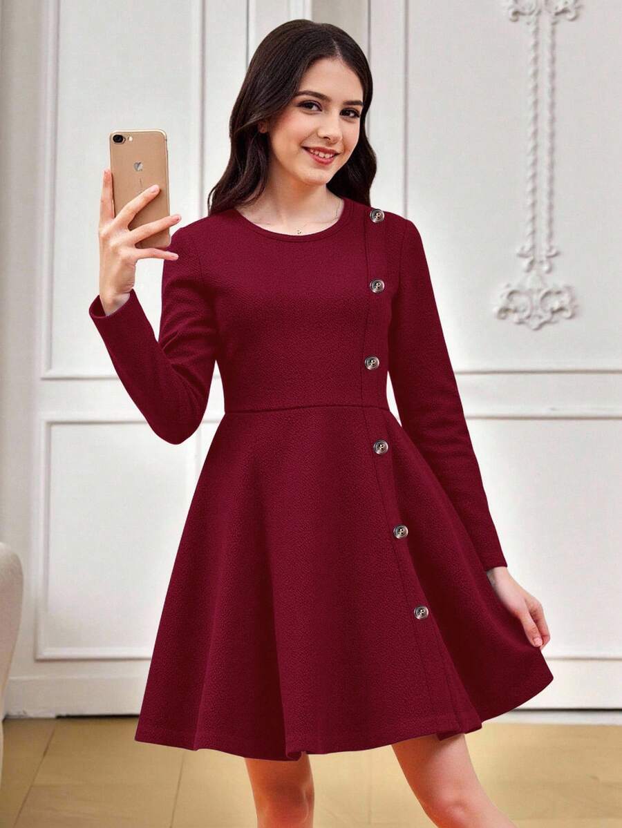 SHEIN 少女优雅休闲圆领套头开衩中长连衣裙,适合上学、日常休闲穿着,秋冬季款 - 酒紅色 - 查看 1
