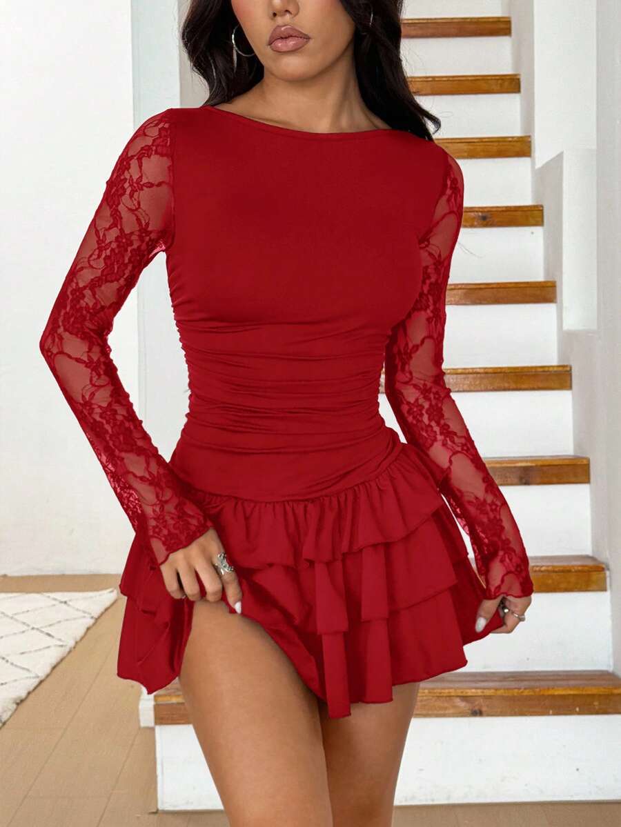 SHEIN EZwear Vestido mini con volantes de encaje negro y parches, nuevo para otoño - Rojo - Ver 1