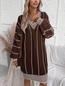 SHEIN LUNE Váy len trễ vai họa tiết sọc cho mùa thu/đông - màu nâu - Xem 4