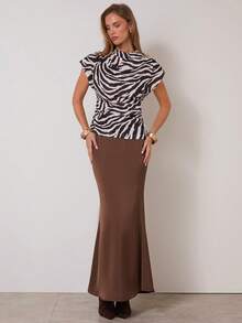 COSMINA 女士优雅纯色美人鱼裙，适合通勤 - 棕色 - 查看 6