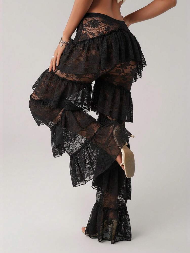 SHEIN ICON Pantalones largos de cintura baja con volantes de encaje, con frente en V y cintura acampanada, estilo fiesta occidental para mujer Y2K - Negro - Añade 2