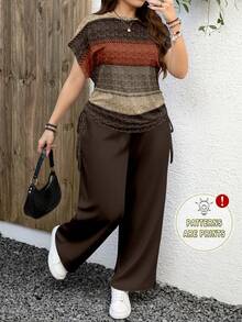 EMERY ROSE Maillard Autumn Breeze Casual Minimalist Brown Tone Striped Pattern Plus Size 2 Pieces Set, Suitable For  And New Year,Spring/Summer/Vacation - Brown - View 1