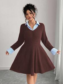 Elenzga 秋冬大码条纹拼布领针织连衣裙 - 鏽棕色 - 查看 3