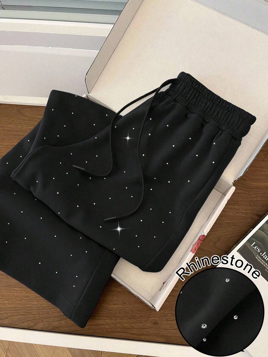 SHEIN Tall 高个女式休闲美式纯色水钻装饰高腰抽绳松紧腰宽松直筒裤 - 黑色 - 查看 1