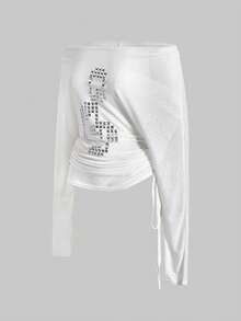 ROMWE Grunge Punk 朋克风交叉铆钉露肩女式韩流长袖T恤上衣 - 白色 - 查看 5