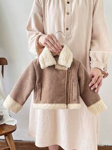 SHEIN 3Months-3Years Baby Girl Coat ,1pc Casual And Simple Daily Style Coat Fall Outfits For Girl,Long Sleeves Warmer White Fleece Fabric Khaki Jacket