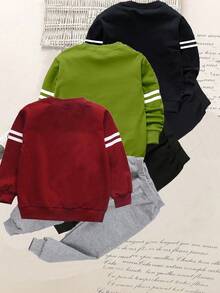 SHEIN Explorewe 6 件套年轻男孩休闲运动学院街头时尚 76 数字和字母印花运动衫 + 裤子，适合日常穿着、上学、郊游、运动、春秋季 - 彩色 - 查看 2