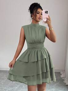 Elenzga 女士休闲通勤度假下午茶派对纯色雪纺褶皱面料小号领口腰部褶皱层叠荷叶边下摆无袖短款意大利连衣裙 - 綠色 - 查看 6